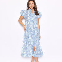 Blue Medallion Puff Sleeve Button Front Midi Dress