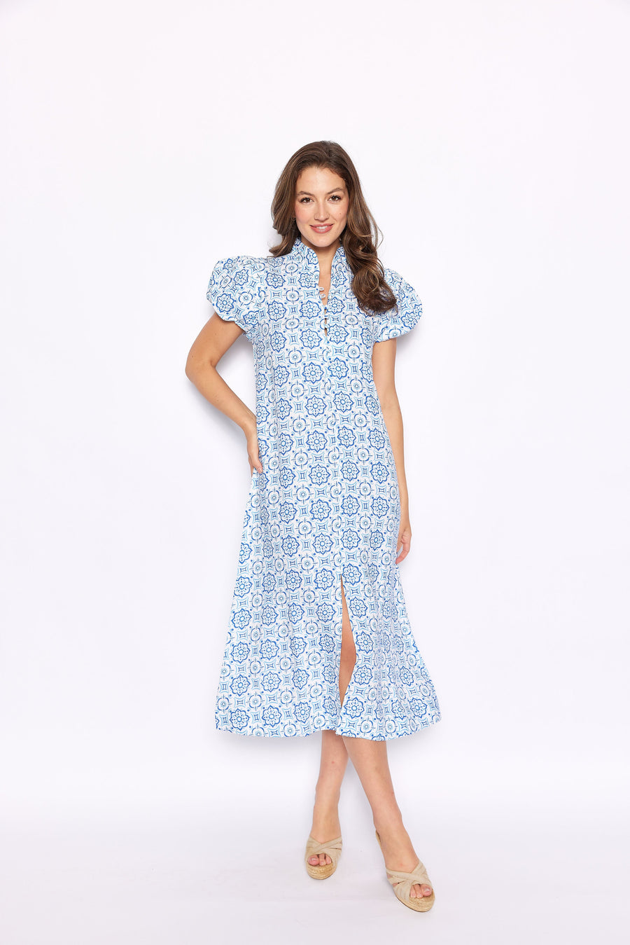 Blue Medallion Puff Sleeve Button Front Midi Dress