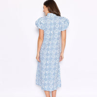 Blue Medallion Puff Sleeve Button Front Midi Dress