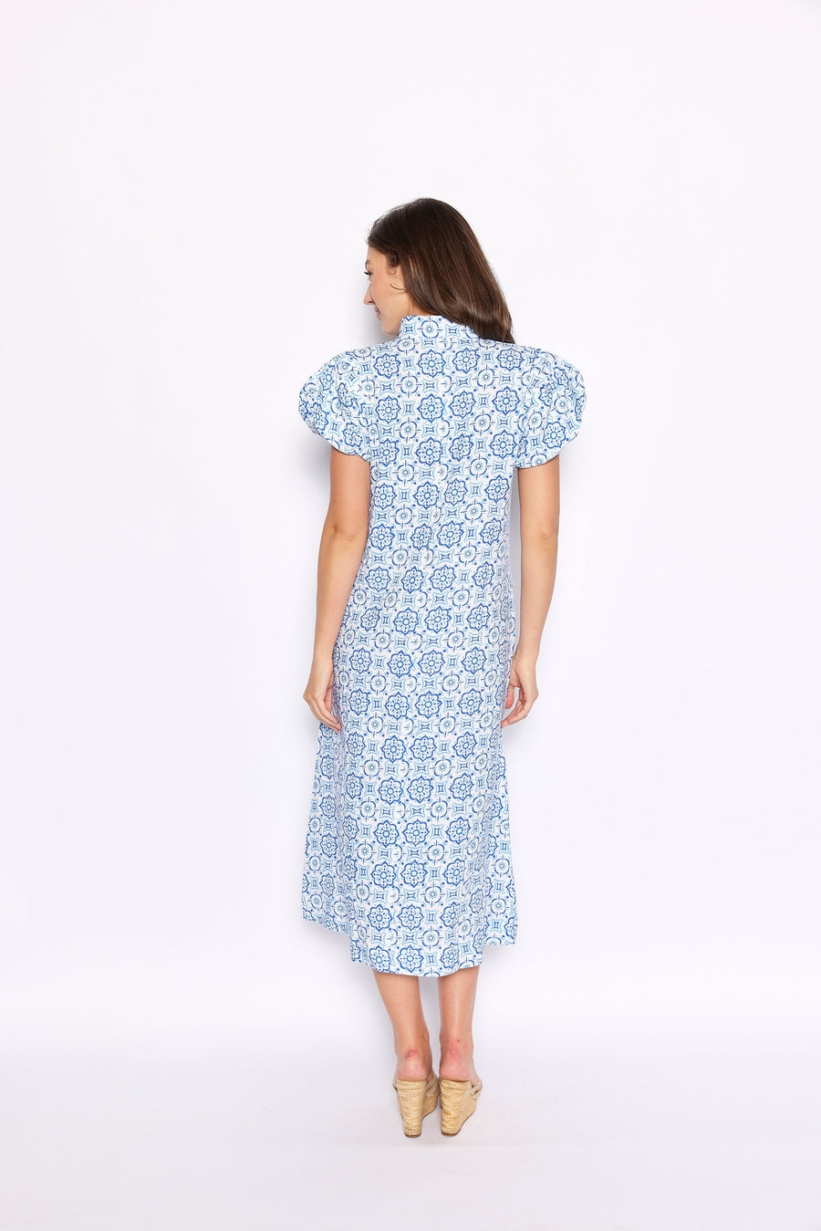 Blue Medallion Puff Sleeve Button Front Midi Dress