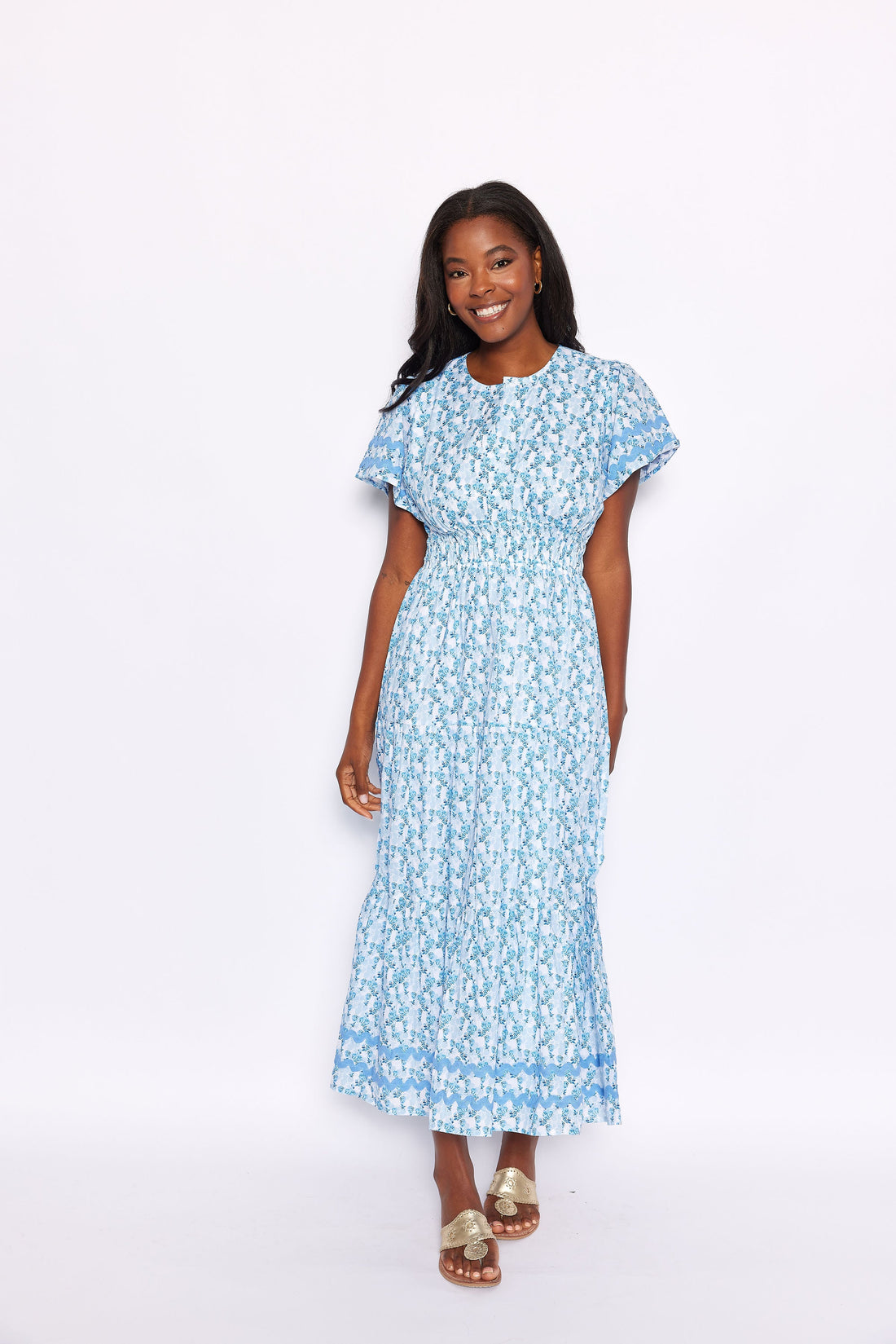 Ditsy Floral Cinched Waist Midi Dress with Ric-Rac Sail to Sable Ditsy Floral Cinched Waist Midi Dress with Ric-Rac Sail to Sable