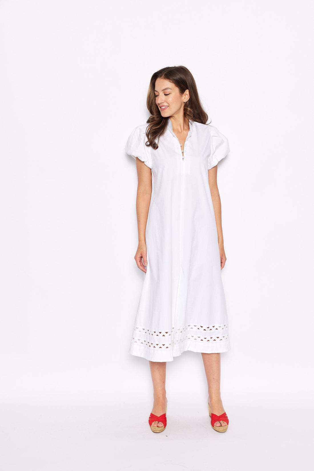 White Puff Sleeve Button Front Midi Dress