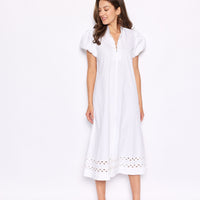 White Puff Sleeve Button Front Midi Dress