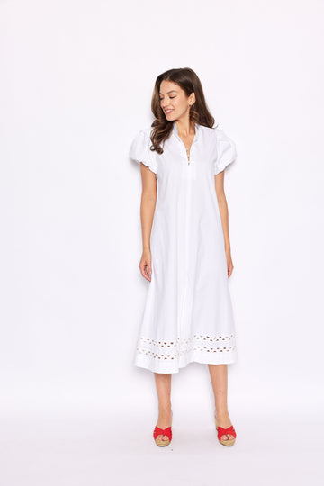 White Puff Sleeve Button Front Midi Dress