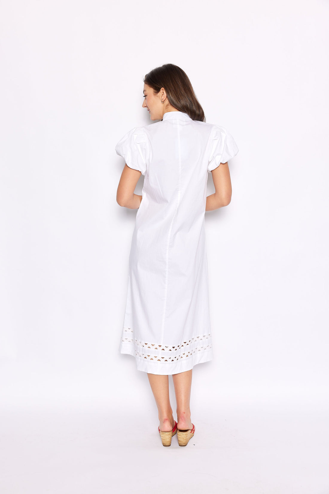 White Puff Sleeve Button Front Midi Dress