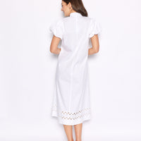 White Puff Sleeve Button Front Midi Dress