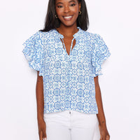 Blue Medallion Ruffle Sleeve Top