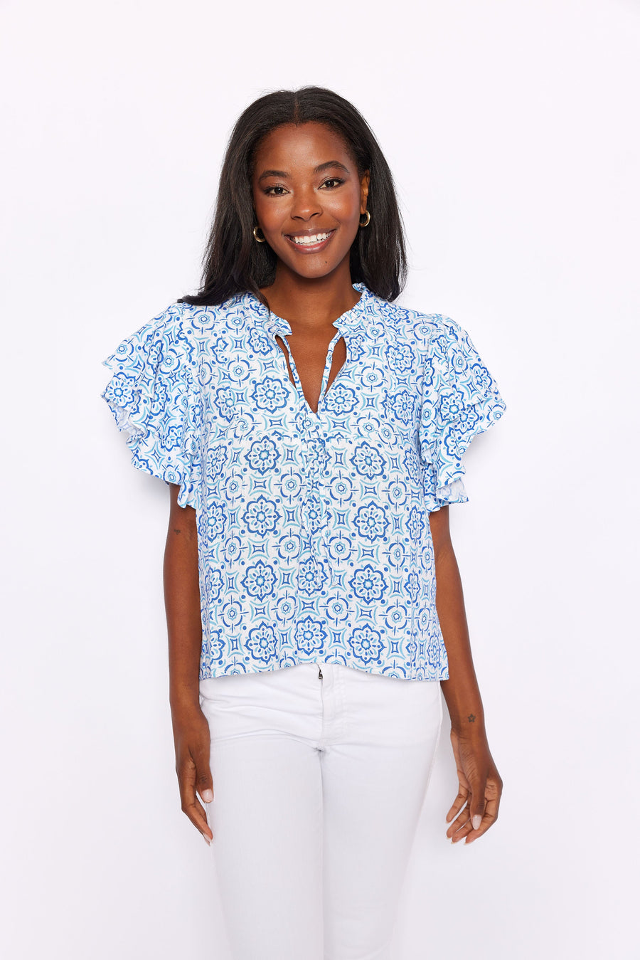 Blue Medallion Ruffle Sleeve Top