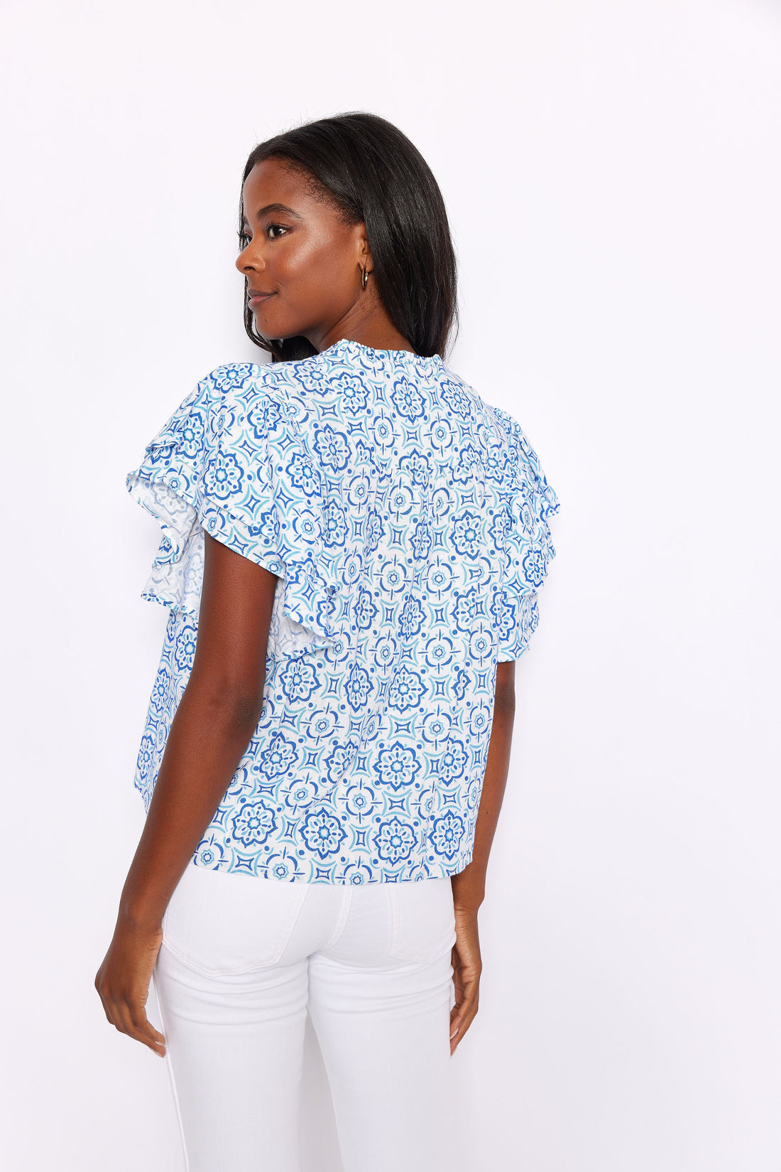 Blue Medallion Ruffle Sleeve Top