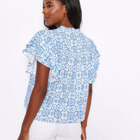 Blue Medallion Ruffle Sleeve Top