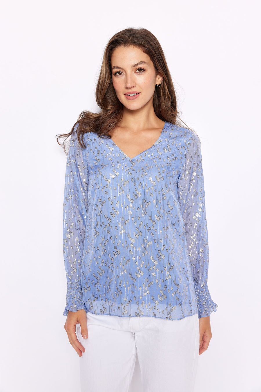 Hydrangea Lurex V-Neck Long Sleeve Top