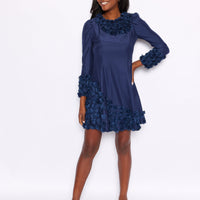 Navy Floral Applique Long Sleeve Dress