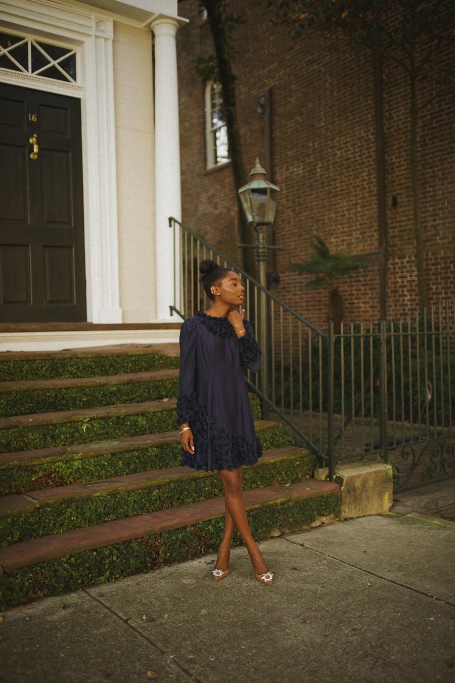 Navy Floral Applique Long Sleeve Dress