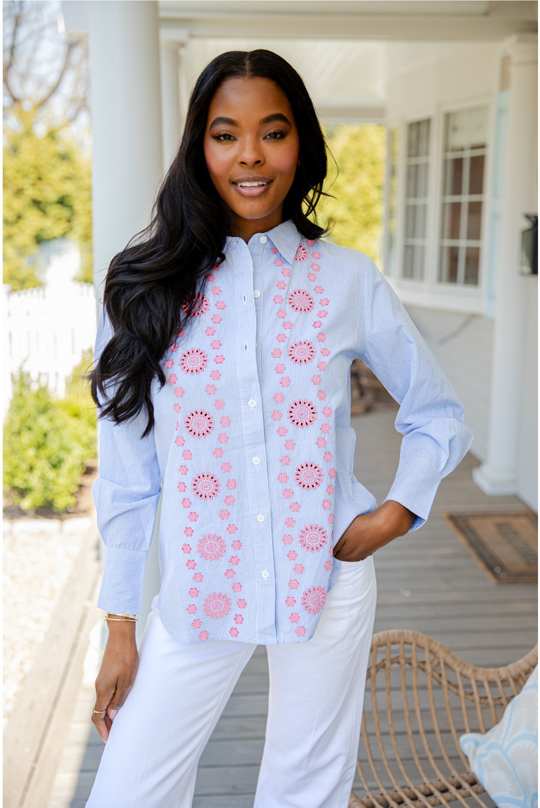 PRE-ORDER Blue & White Embroidered Button Down Shirt