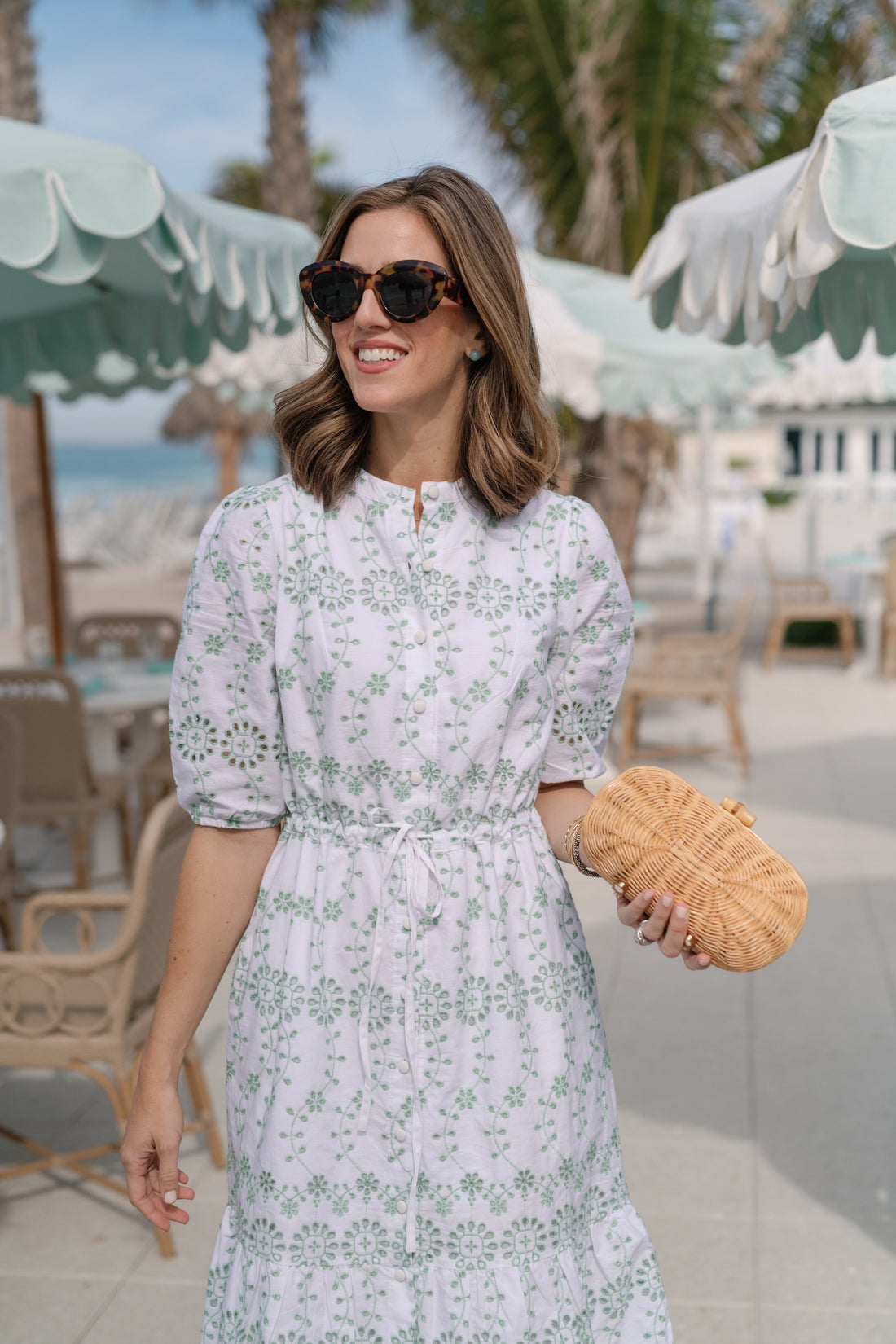Gasparilla Green Eyelet Tie Front Midi Dress