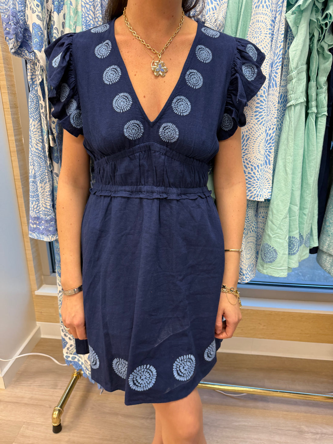 Navy V-Neck Flutter Sleeve Mini Dress