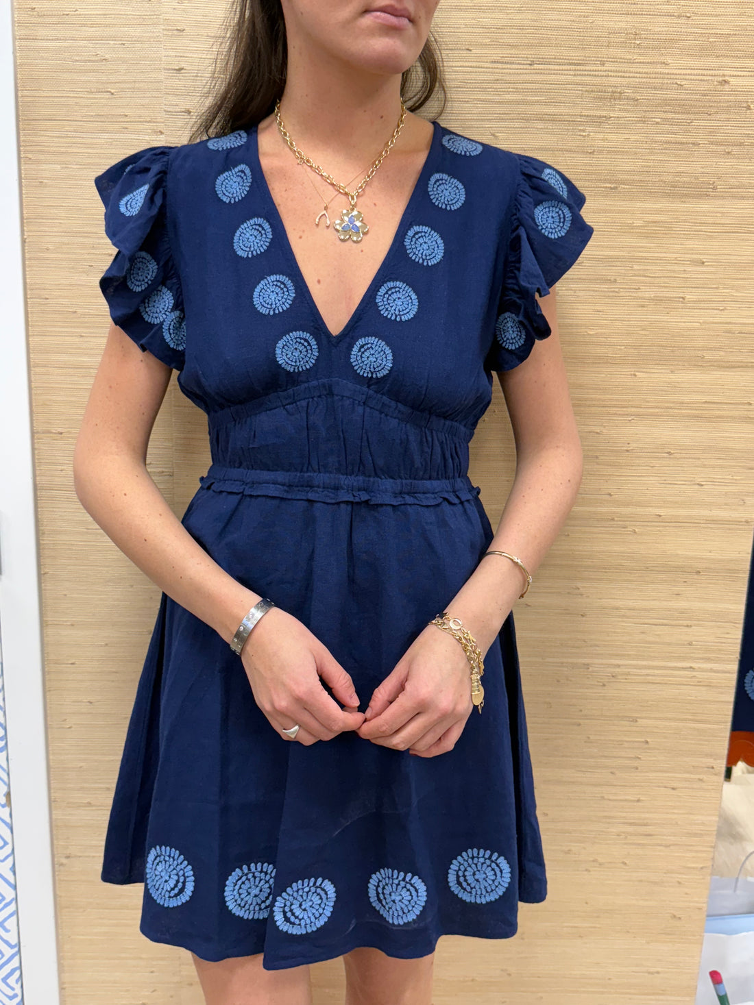 Navy V-Neck Flutter Sleeve Mini Dress