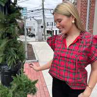 Red Plaid Ruffle Sleeve Top