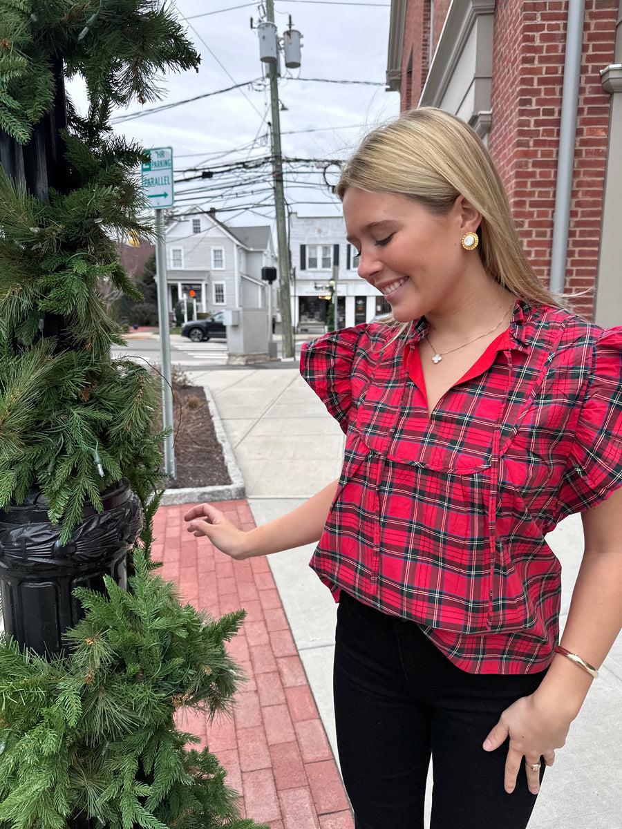Red Plaid Ruffle Sleeve Top