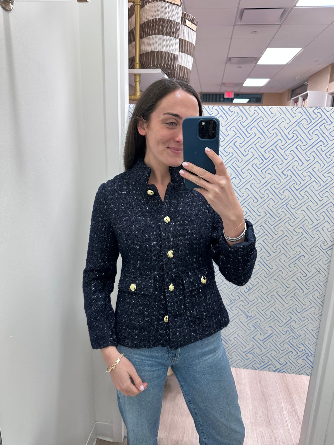 Navy Button Front Tweed Coat