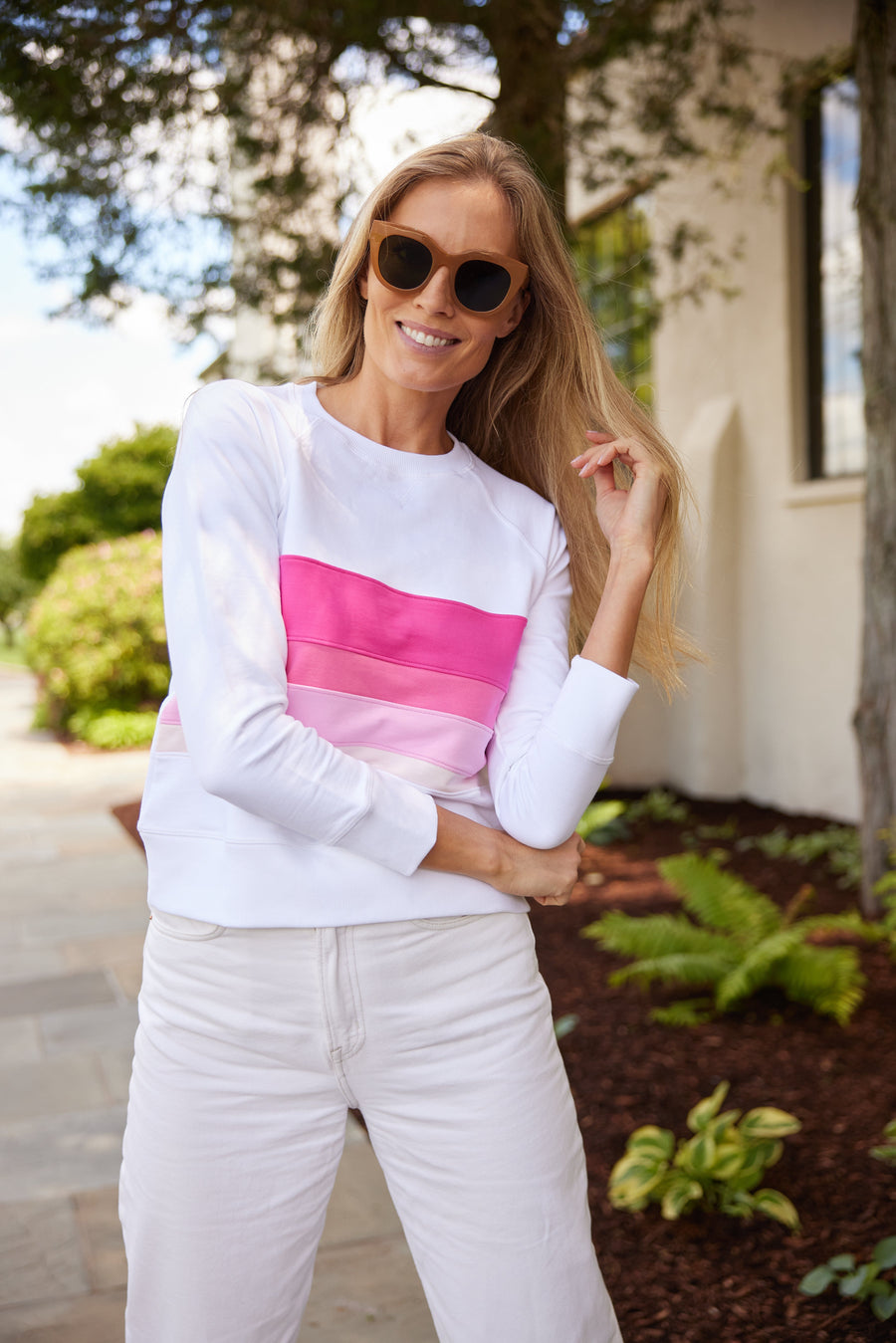 White Tonal Pink Stripe Sweatshirt