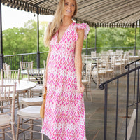 Pink Ikat V-Neck Flutter Sleeve Maxi