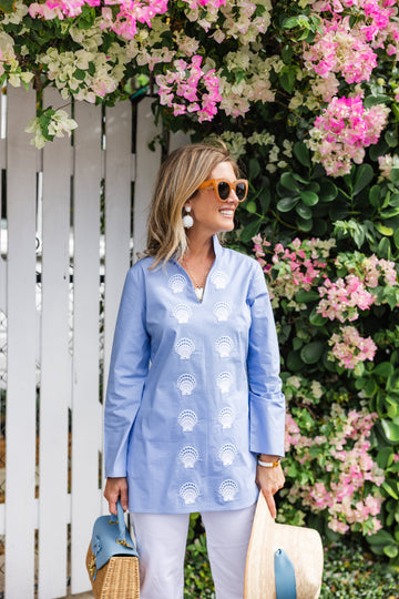 Hydrangea Embroidered Shell Long Sleeve Tunic Top