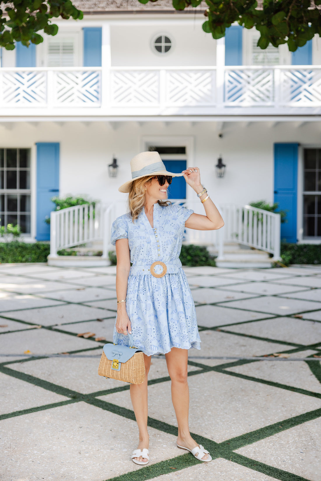 Hydrangea Shell Printed Eyelet Belted Tunic Dress