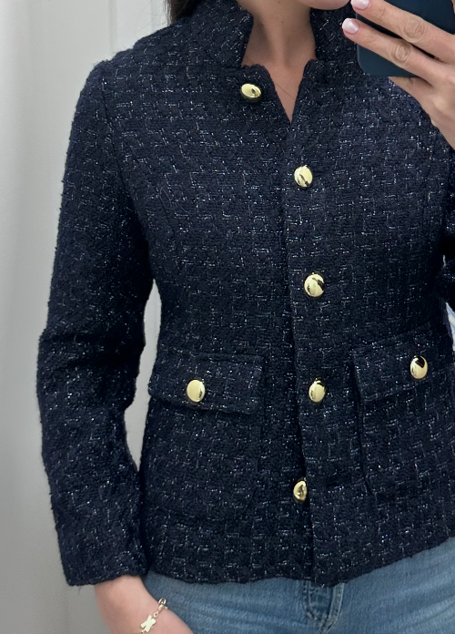 Navy Button Front Tweed Coat