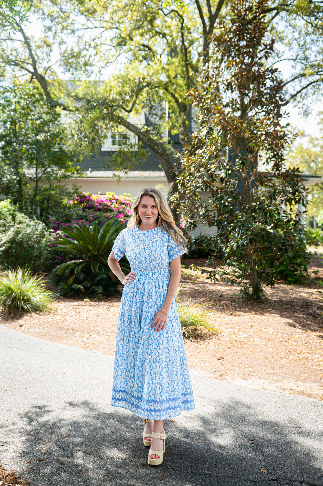 Ditsy Floral Cinched Waist Midi Dress with Ric-Rac Sail to Sable Ditsy Floral Cinched Waist Midi Dress with Ric-Rac Sail to Sable
