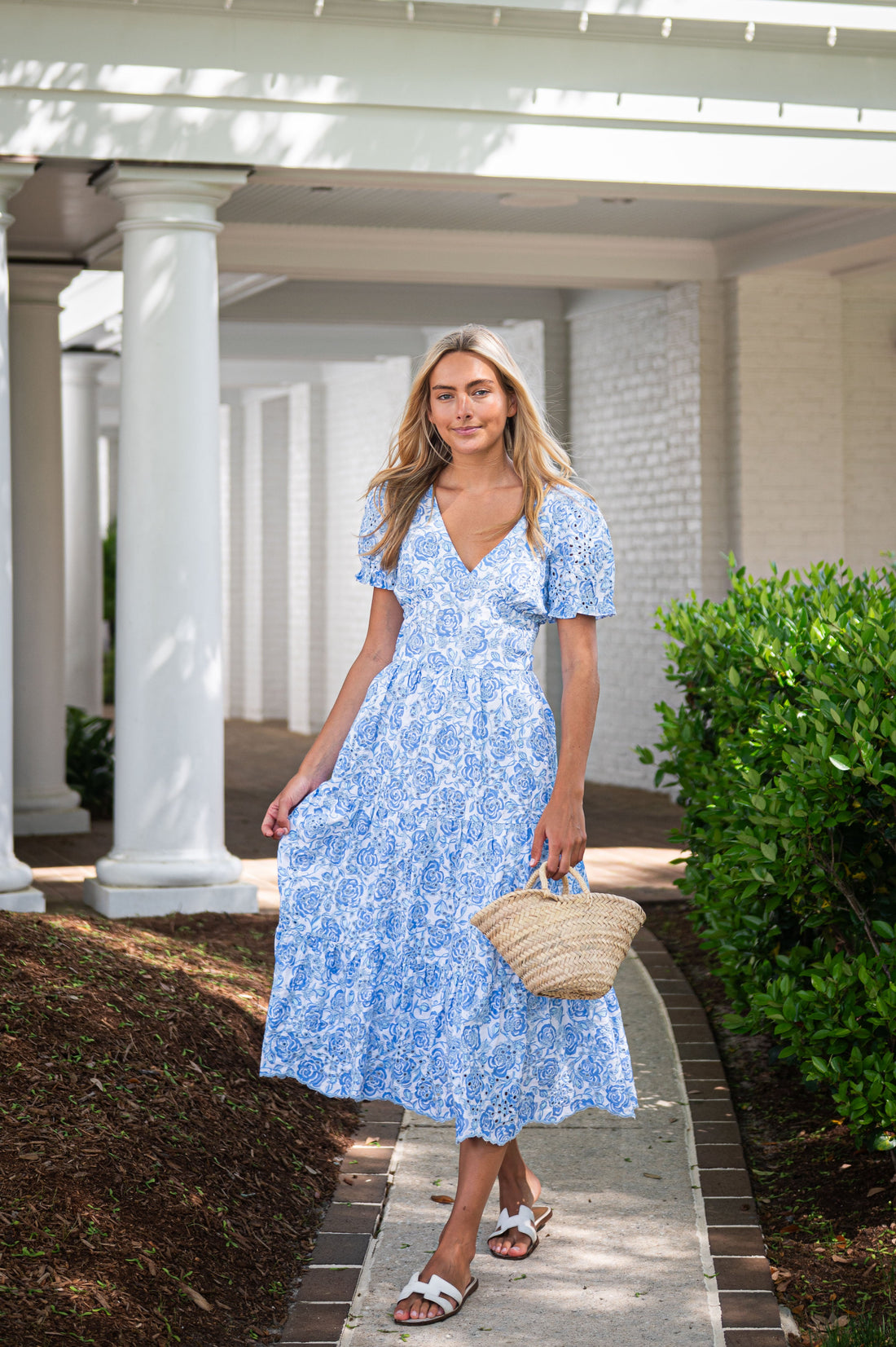 Blue & White Rose Printed Eyelet V-Neck Midi Dress