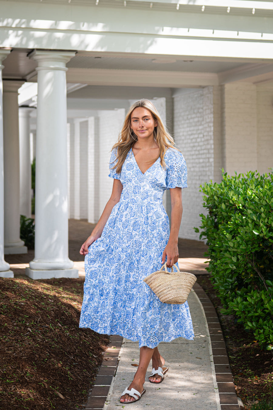 Blue & White Rose Printed Eyelet V-Neck Midi Dress