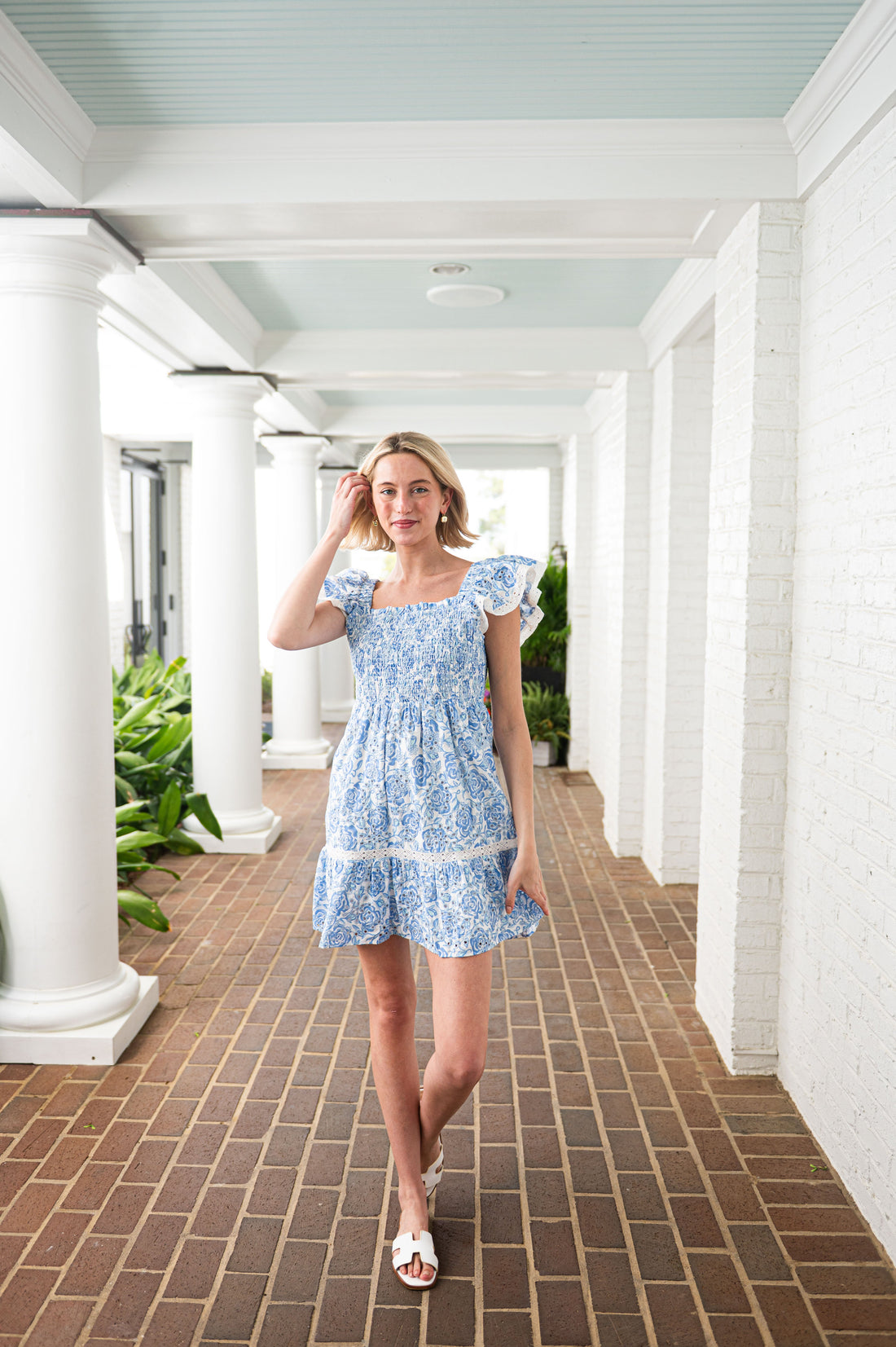 Blue & White Floral Eyelet Flutter Sleeve Smocked Mini Dress