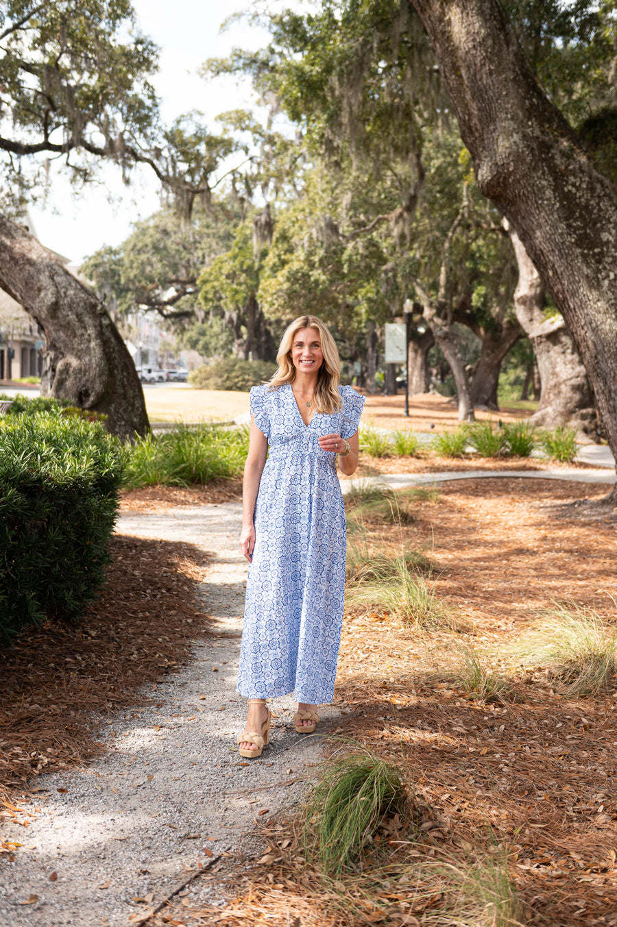 Sail to Sable BLUE Medallion V-Neck Flutter Sleeve Maxi Dress BLUE Medallion PRINT / XXXL / SP25424