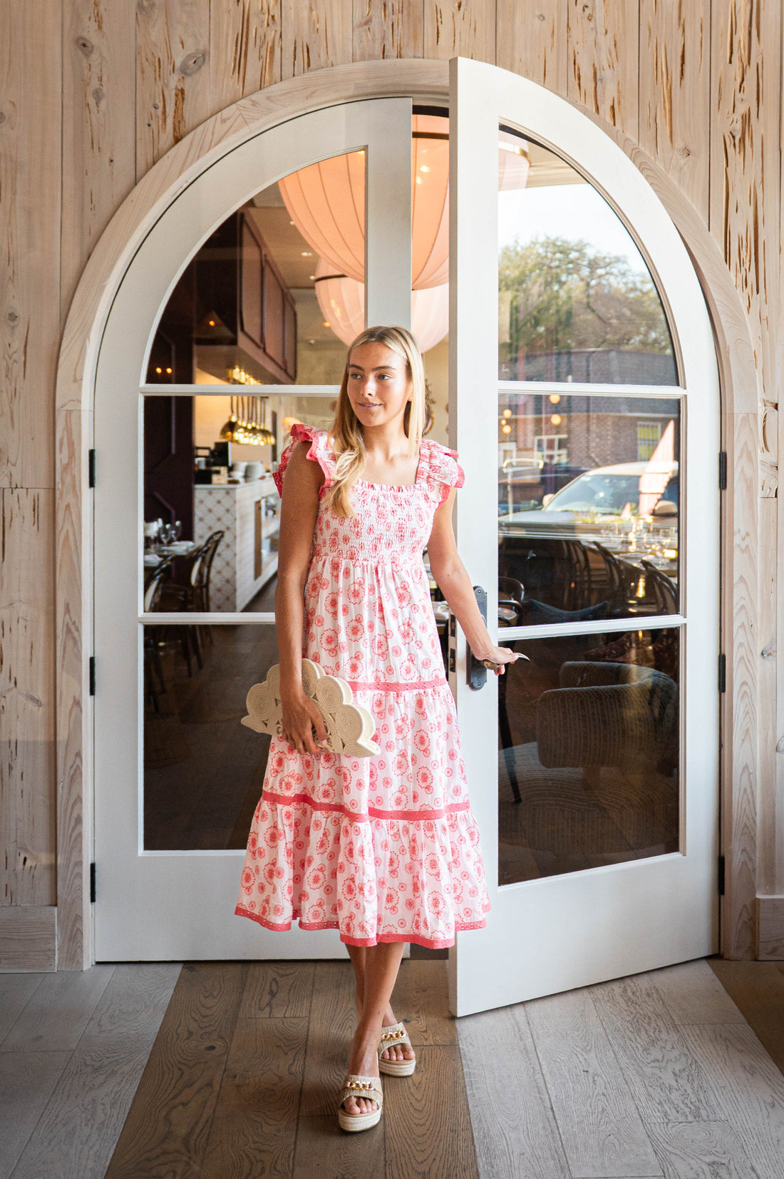 Blush & Coral Eyelet Flutter Sleeve Smocked Midi Dress Sail to Sable Blush & Coral Eyelet Flutter Sleeve Smocked Midi Dress Sail to Sable