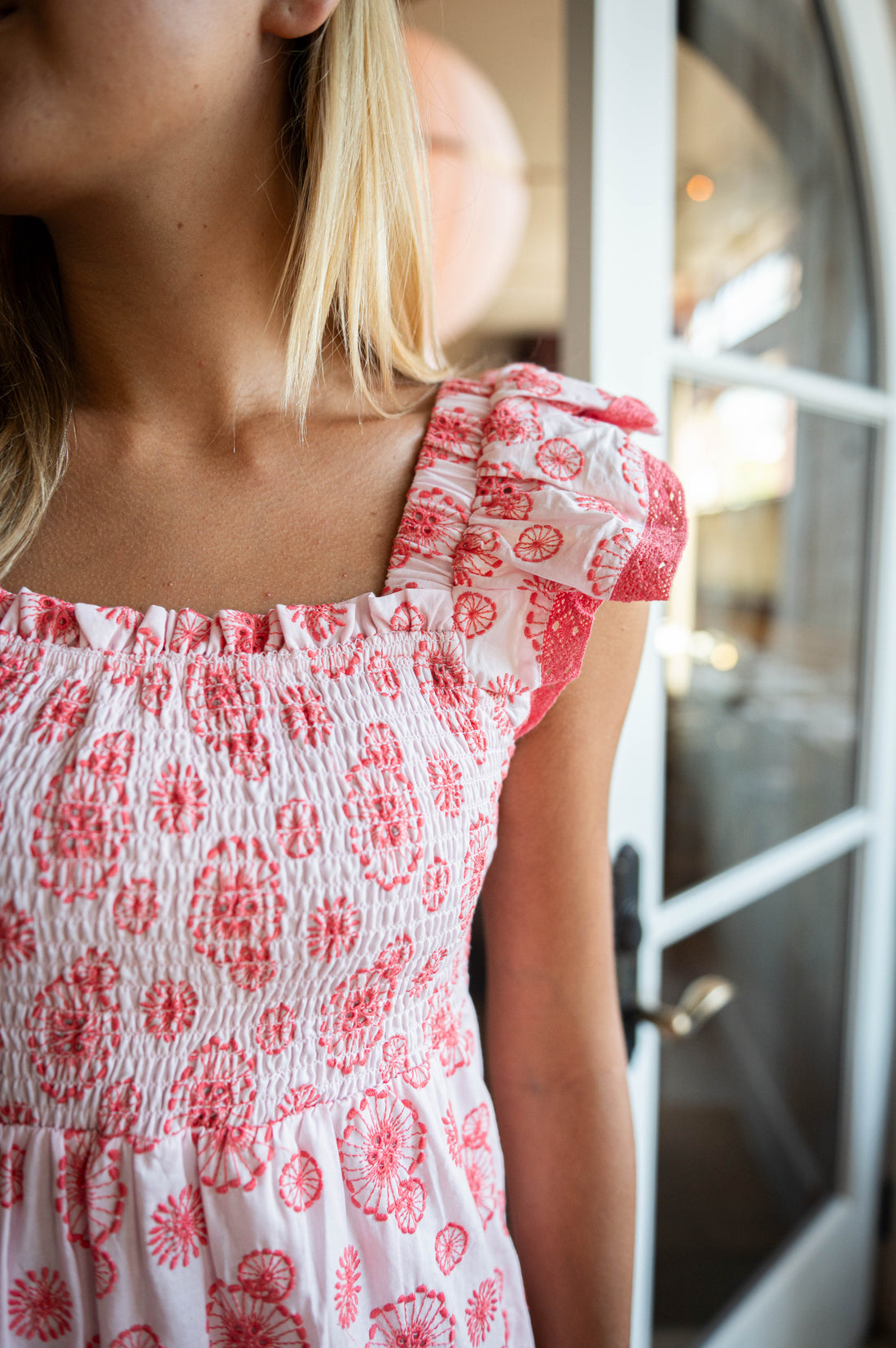 eyelet flutter sleeve midi dress Blush & Coral Eyelet Flutter Sleeve Smocked Midi Dress Sail to Sable
