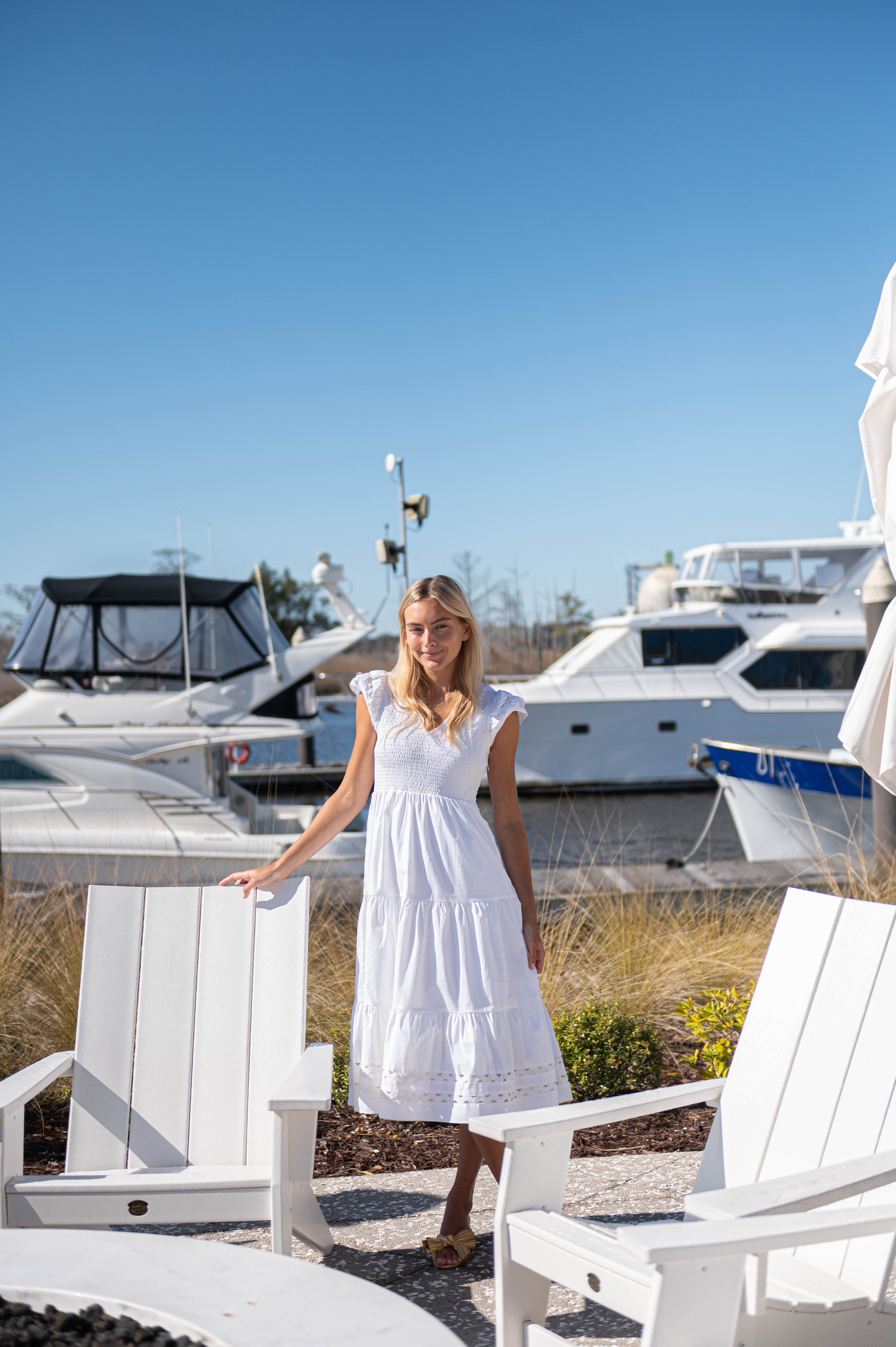 White V-Neck Smocked Midi Dress with Ric-Rac Inlay – Sail to Sable