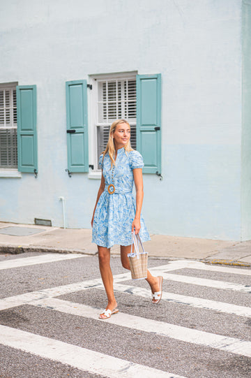 Hydrangea Shell Printed Eyelet Belted Tunic Dress