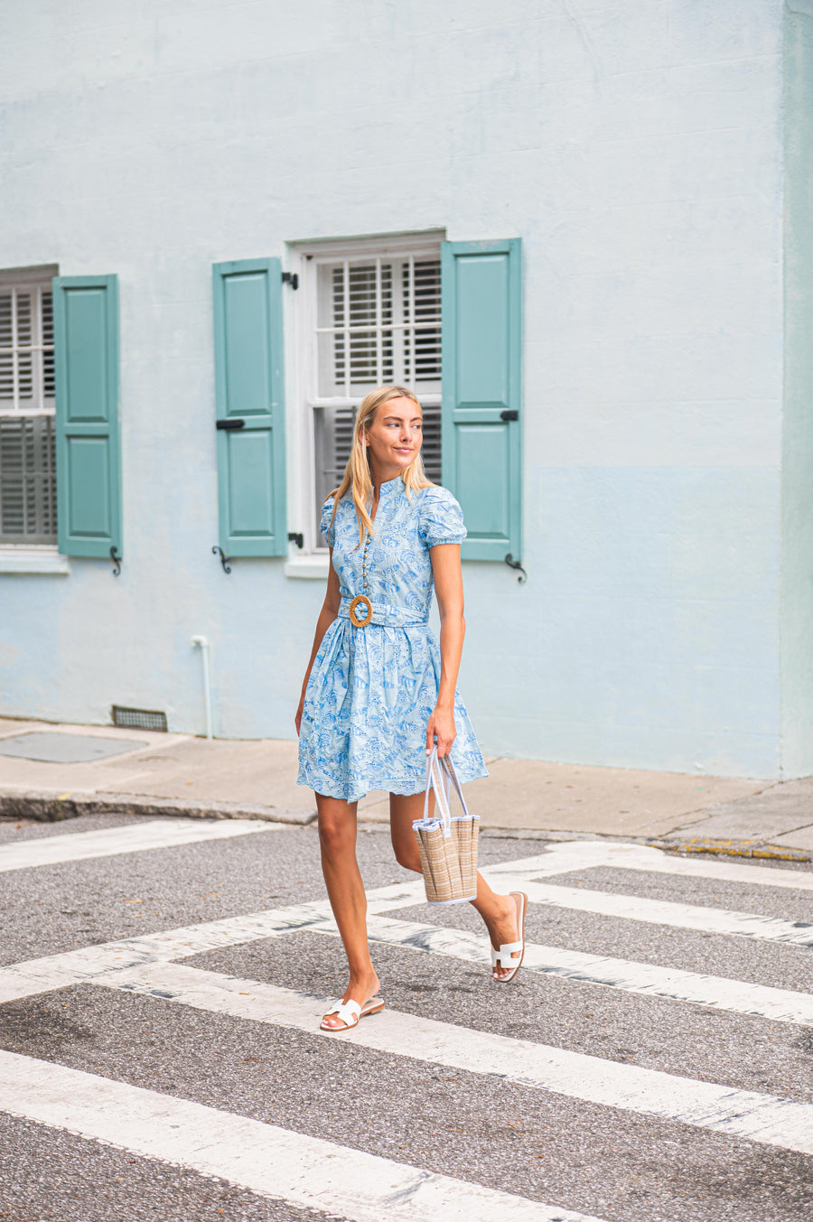 Hydrangea Shell Printed Eyelet Belted Tunic Dress