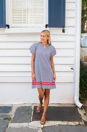 Navy & White Stripe Puff Sleeve Button Front Mini Dress
