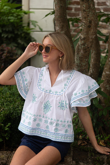 Blue Embroidered Ruffle Sleeve Top