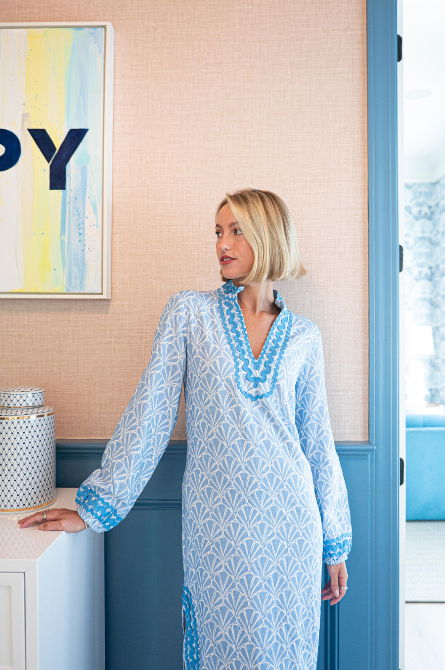 knee length dresses for ladies Sail to Sable STS x CK Bradley Long Sleeve Tunic Flare Dress CK Bradley True Blue Multi / XXS / F25303T main image 1
