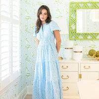 Sky Eyelet Cinched Waist Midi Dress