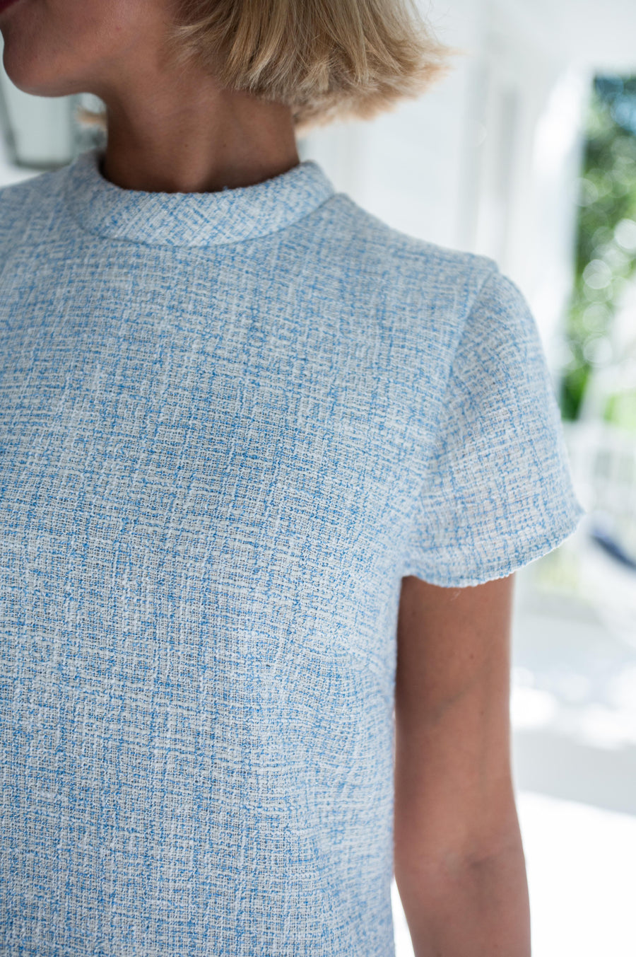heels with blue dress Blue Tweed Short Sleeve Shift Dress – Sail to Sable
