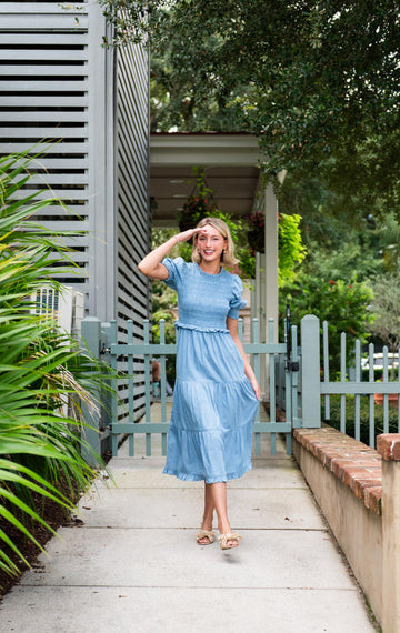 Chambray Puff Sleeve Smocked Midi Dress