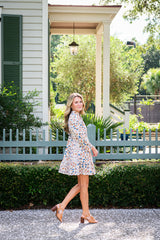 Geo Floral Print Long Sleeve Tunic Flare Dress
