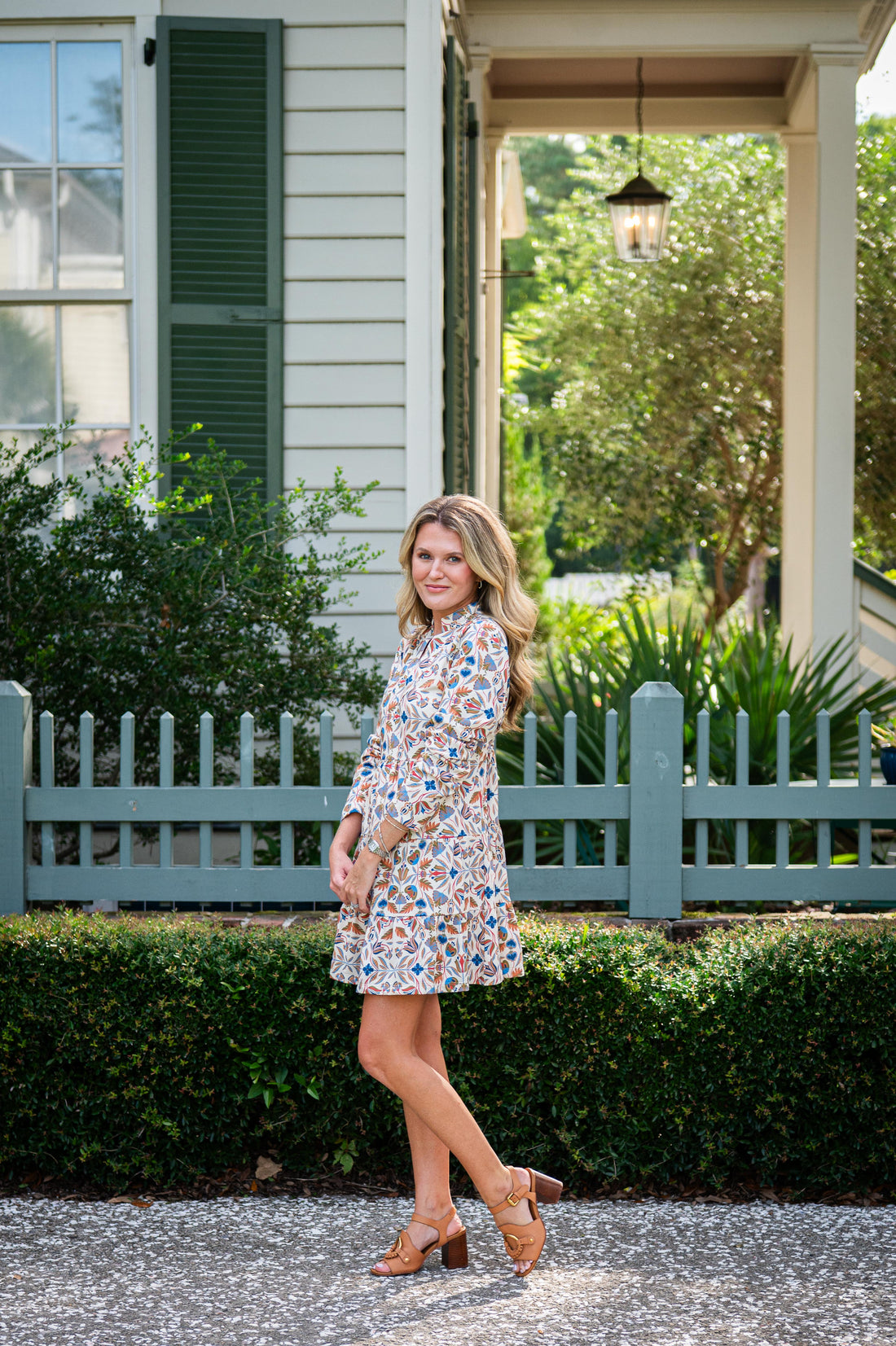 Geo Floral Print Long Sleeve Tunic Flare Dress
