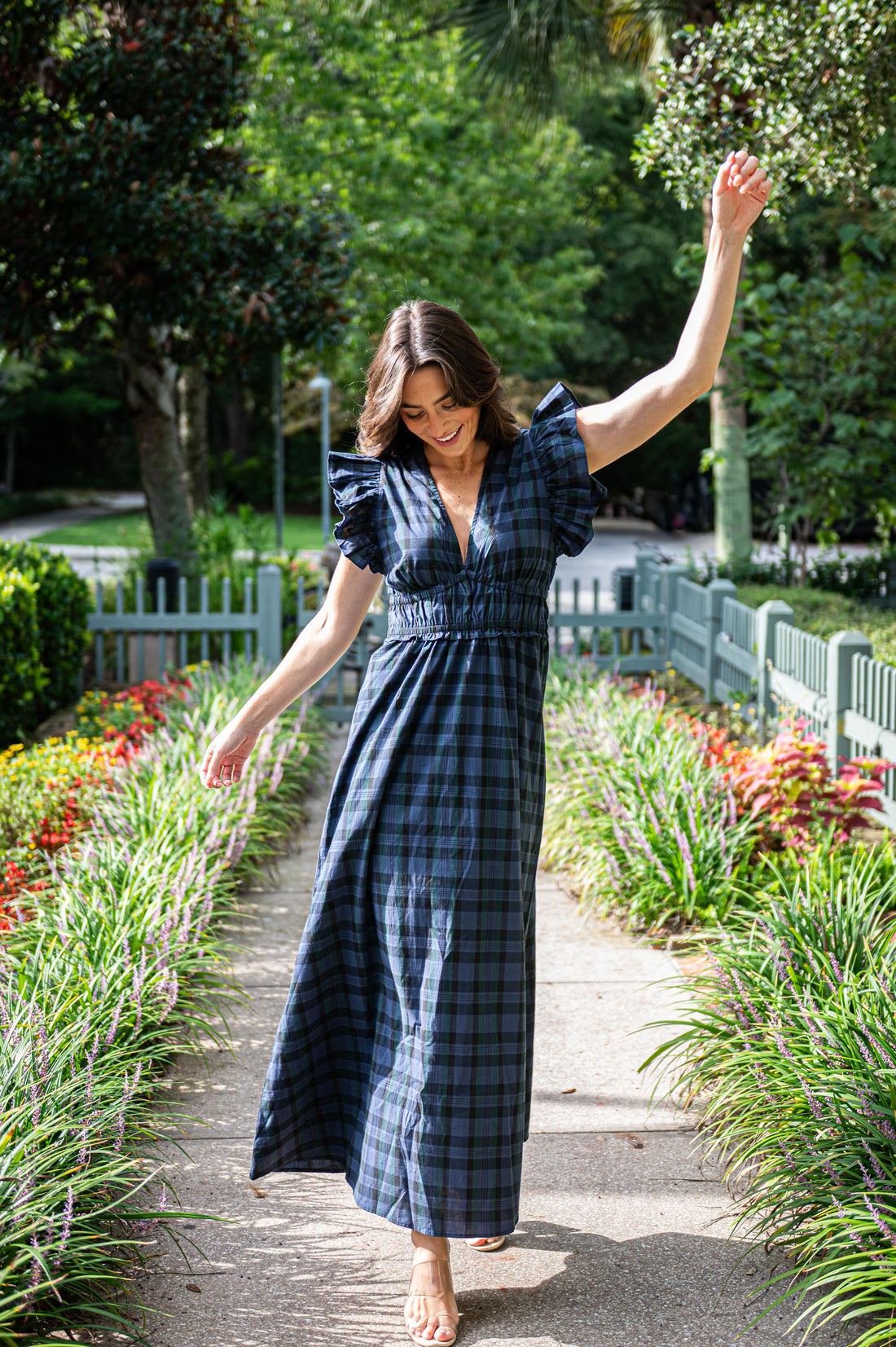 Blackwatch Tartan V-Neck Flutter Sleeve Maxi