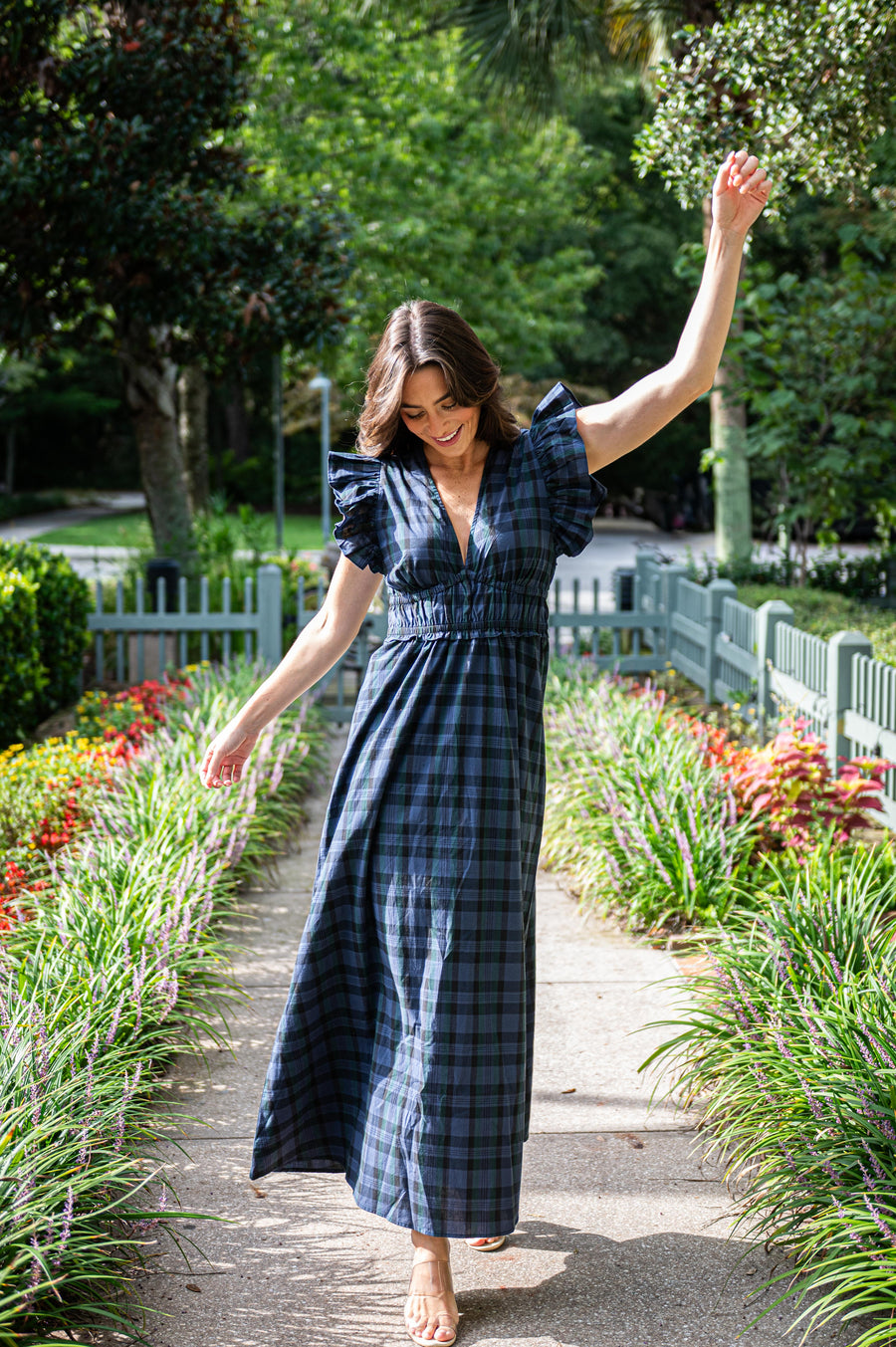 Blackwatch Tartan V-Neck Flutter Sleeve Maxi