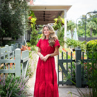 Red Eyelet Cinched Waist Midi Dress